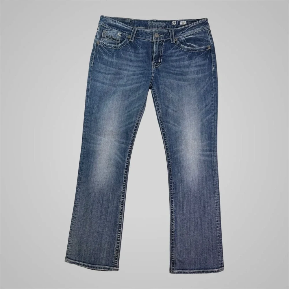Miss Me Bootcut Jeans Medium Wash‎ Embroidered Rhinestone Pockets Size 36x33